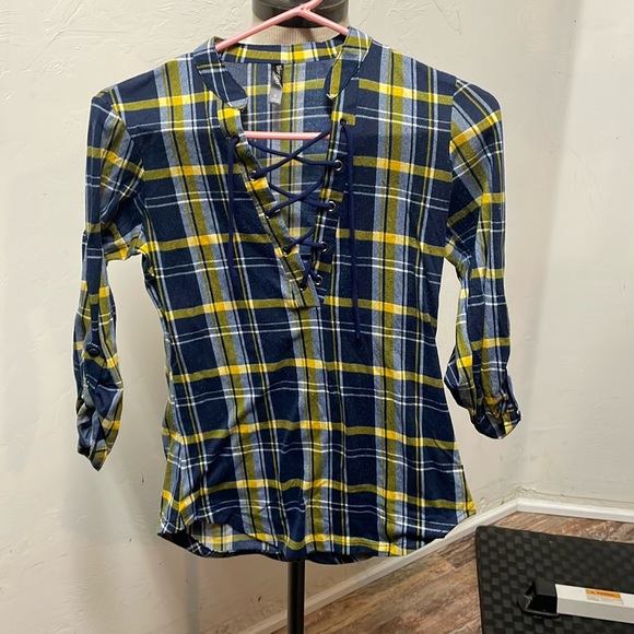 Alter ego blue and yellow checkered plaid shirt with toe neckline size S - Picture 1 of 9
